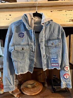 Light Wash Denim Jacket Sleeve with Texas Rangers Patches